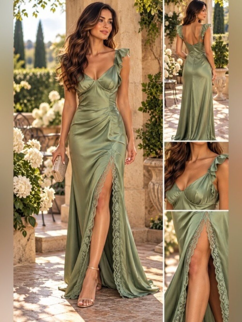 Kounai Sage Green Satin Lace Slit Maxi Dress S Greek Goddess Fairycore NWT